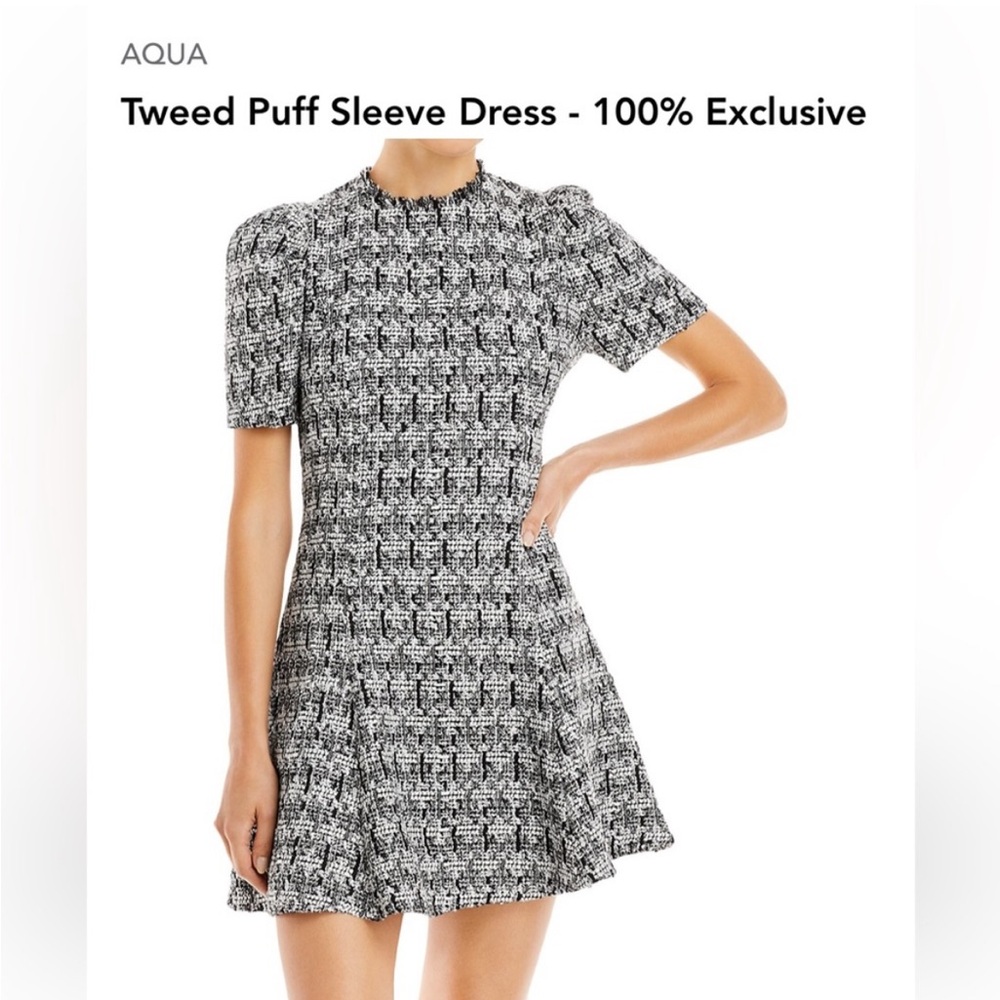 Aqua Black & White Tweed Puff Sleeve Mini Dress